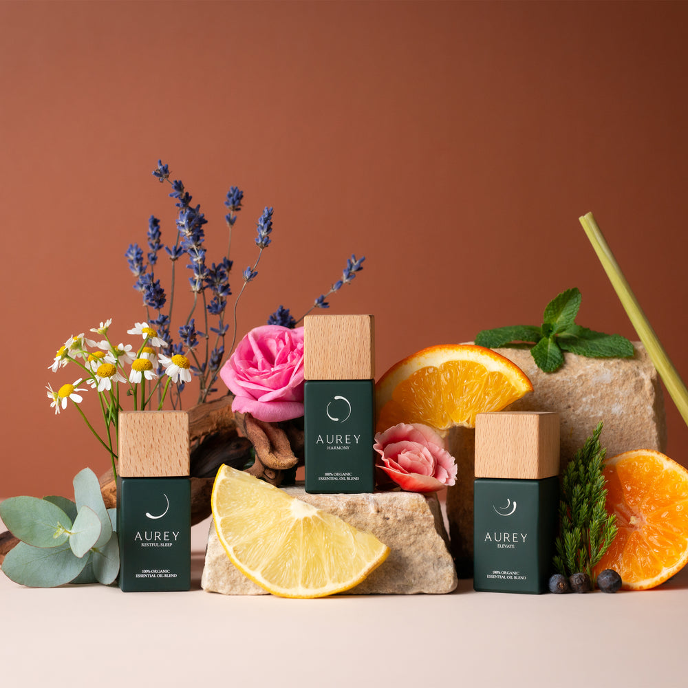 Aurey organic essential oil blends styled for a calming home ritual