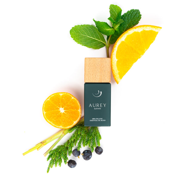 Aurey Elevate essential oil blend with lemongrass, peppermint, orange and juniper ingredients