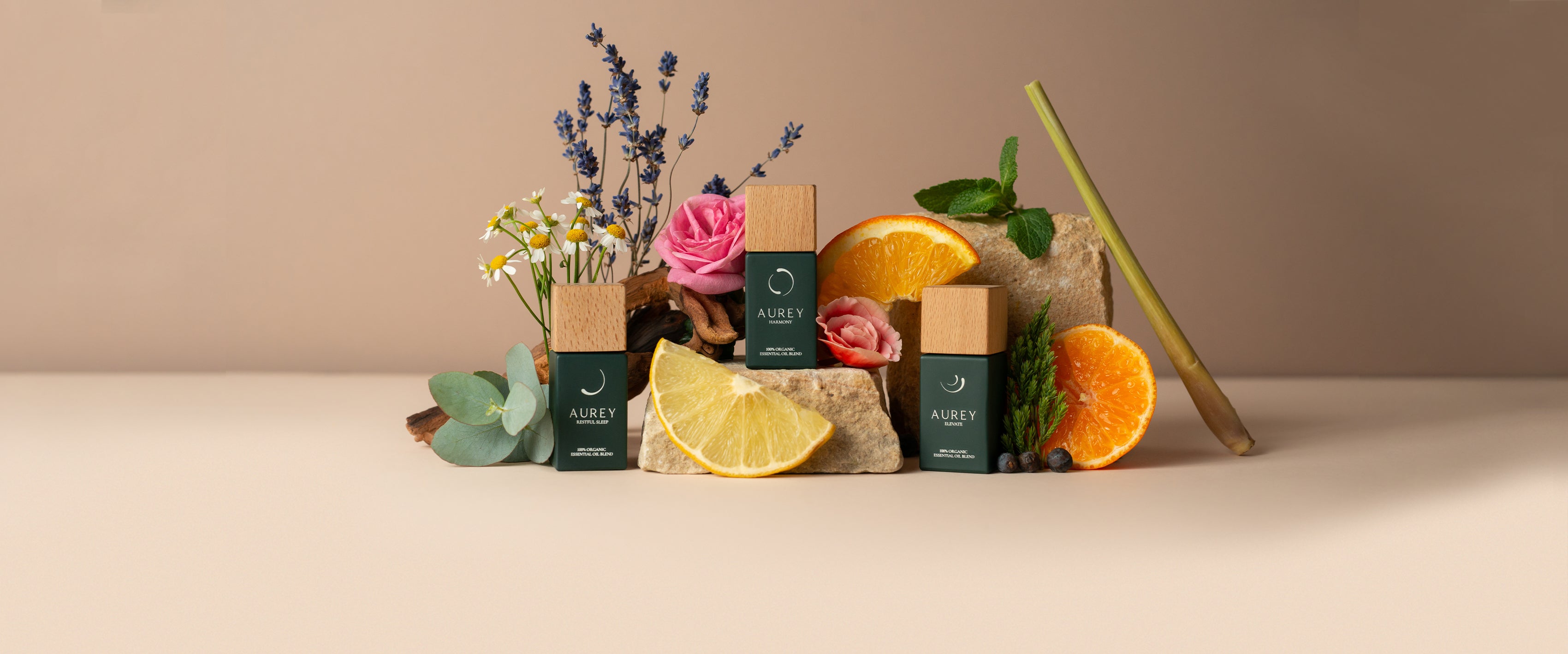 Aurey three-blend essential oil collection — morning, midday and evening diffuser oils UK