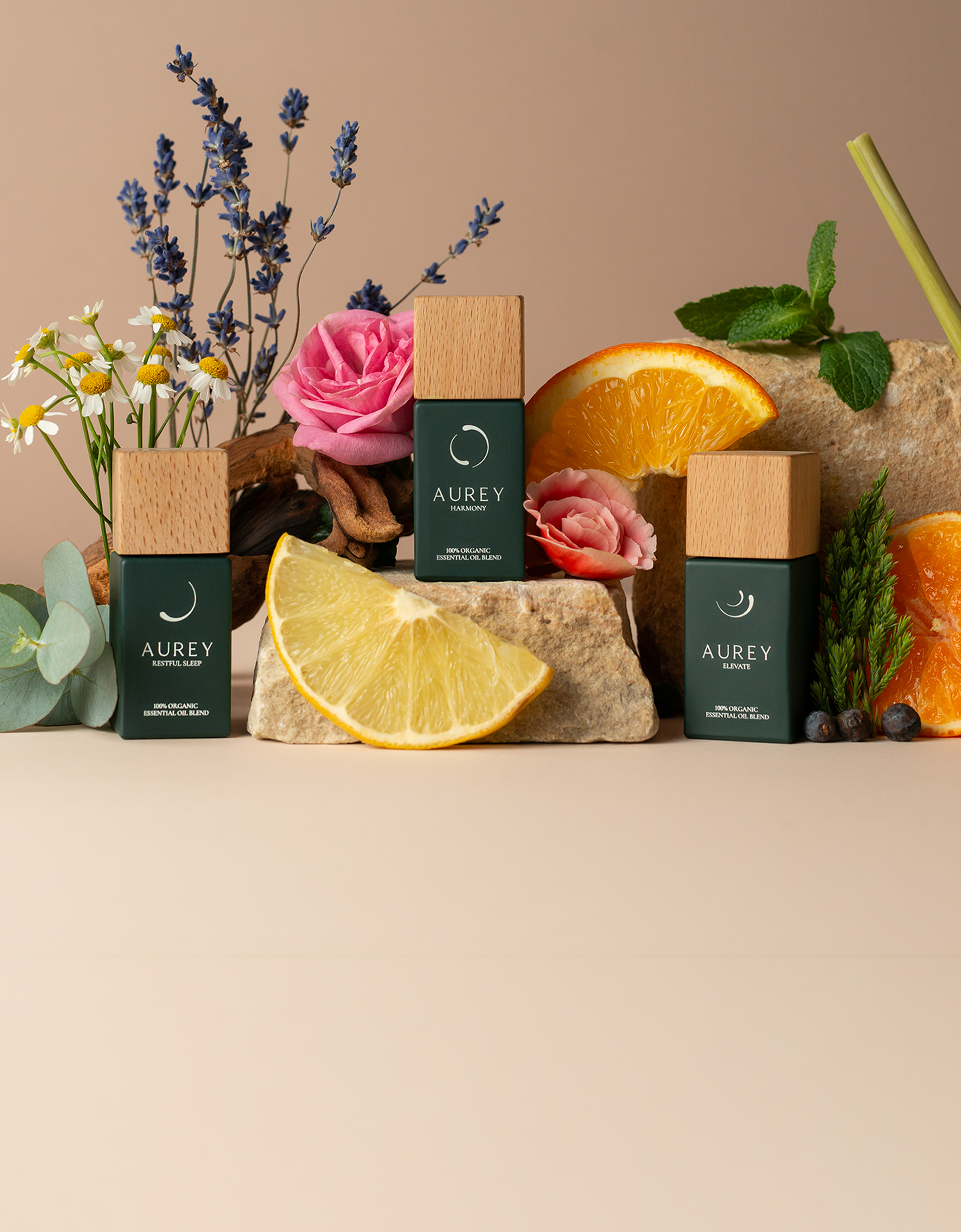 Aurey three-blend essential oil collection — morning, midday and evening diffuser oils UK